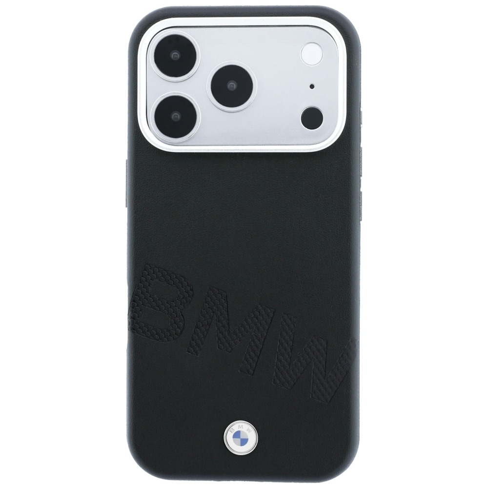BMW-logo med skråtstillede, præget bogstaver – MagSafe-etui til iPhone 17 Pro / 18 Pro – Sort