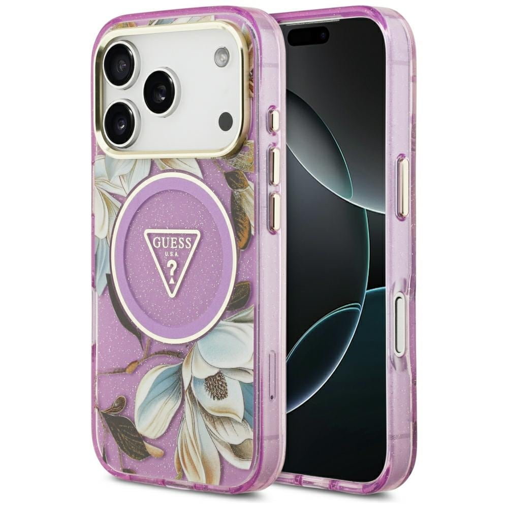 Guess IML Glitter Flowers Triangelformad MagSafe-skal för iPhone 17 Pro / 18 Pro – Lila