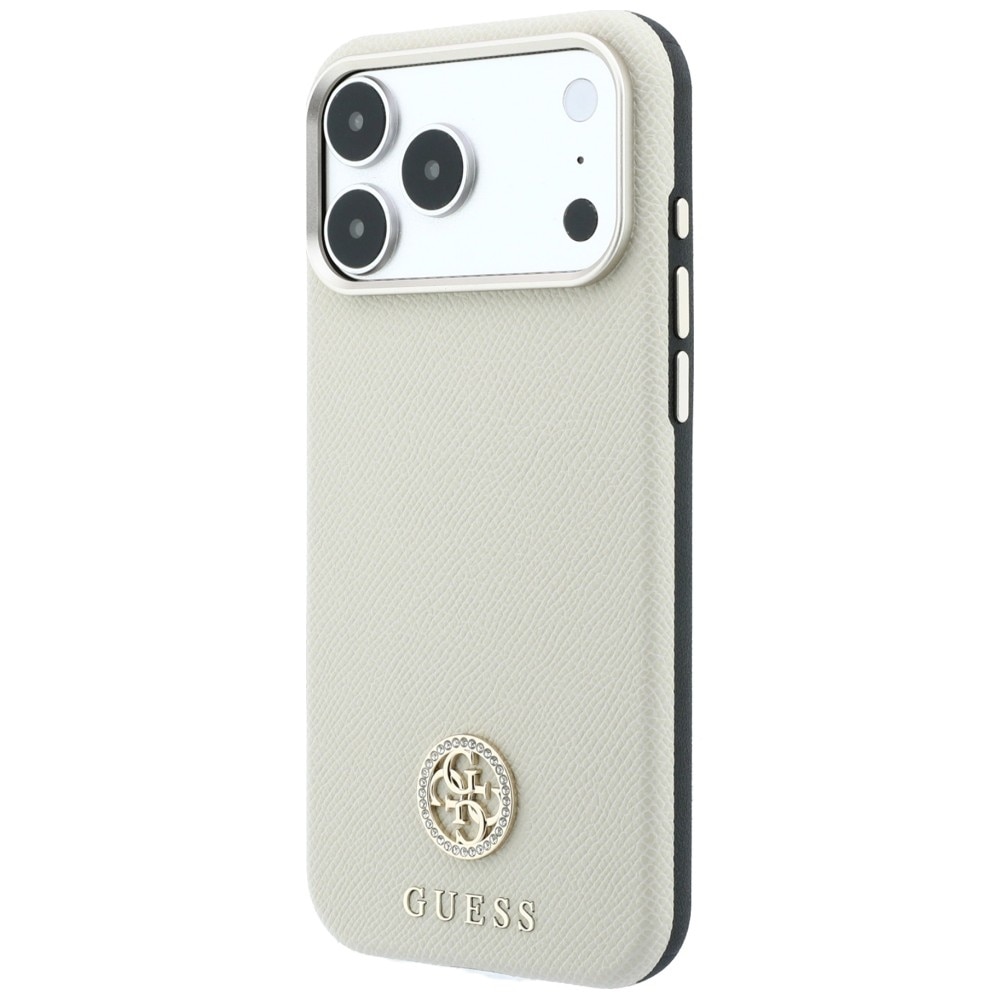 Guess MagSafe-etui m. struktureret overflade, runde strass-sten & logo til iPhone 18/17 Pro – beige