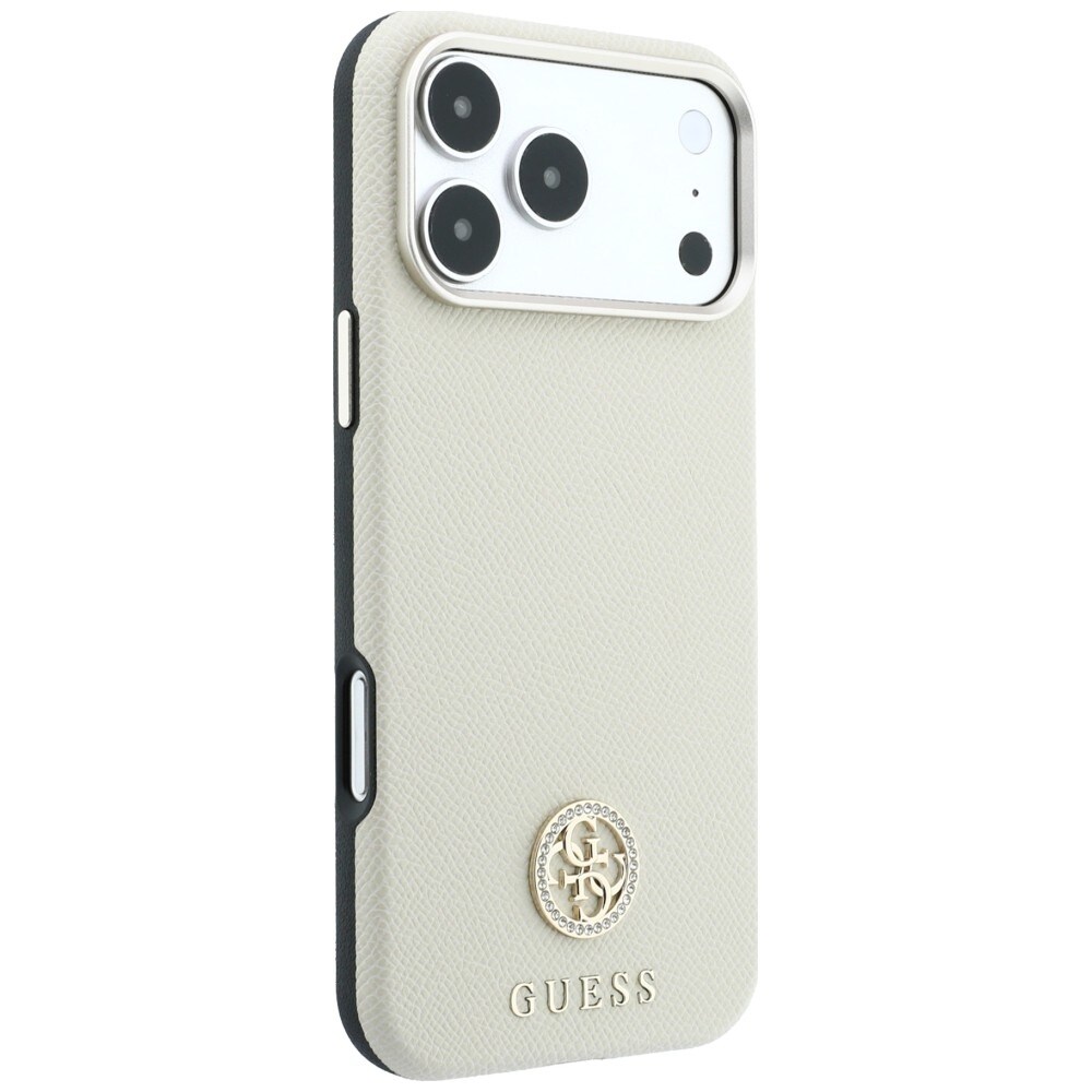 Guess MagSafe-etui m. struktureret overflade, runde strass-sten & logo til iPhone 18/17 Pro – beige