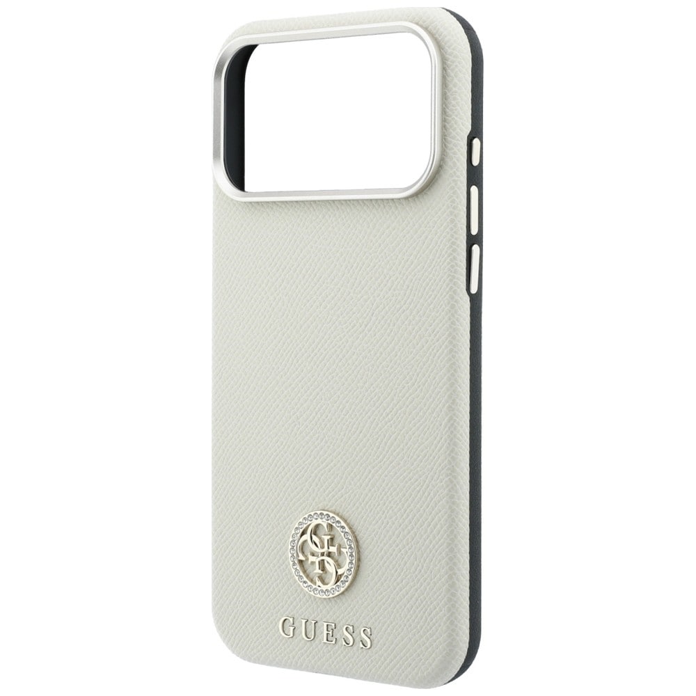 Guess MagSafe-etui m. struktureret overflade, runde strass-sten & logo til iPhone 18/17 Pro – beige