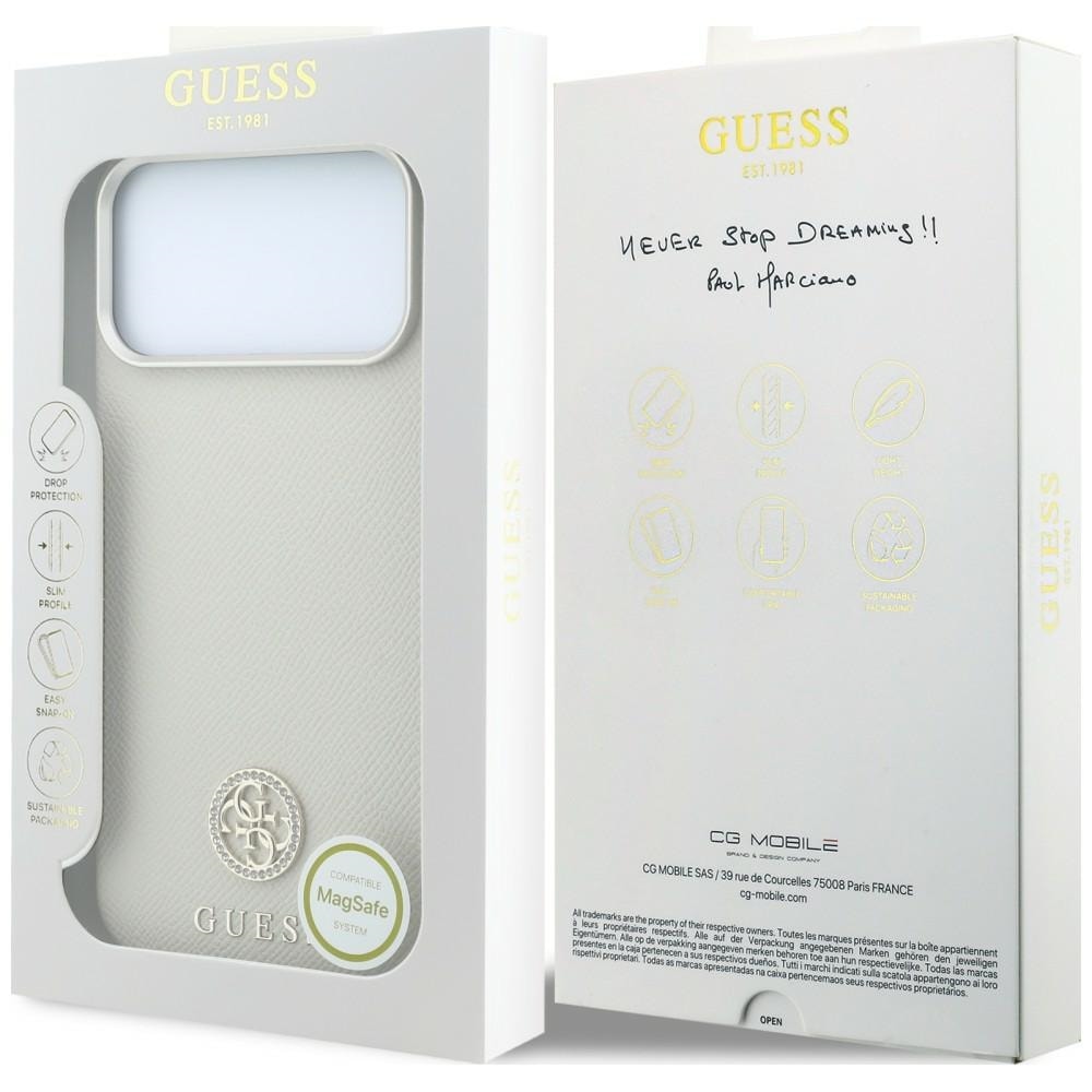 Guess MagSafe-etui m. struktureret overflade, runde strass-sten & logo til iPhone 18/17 Pro – beige