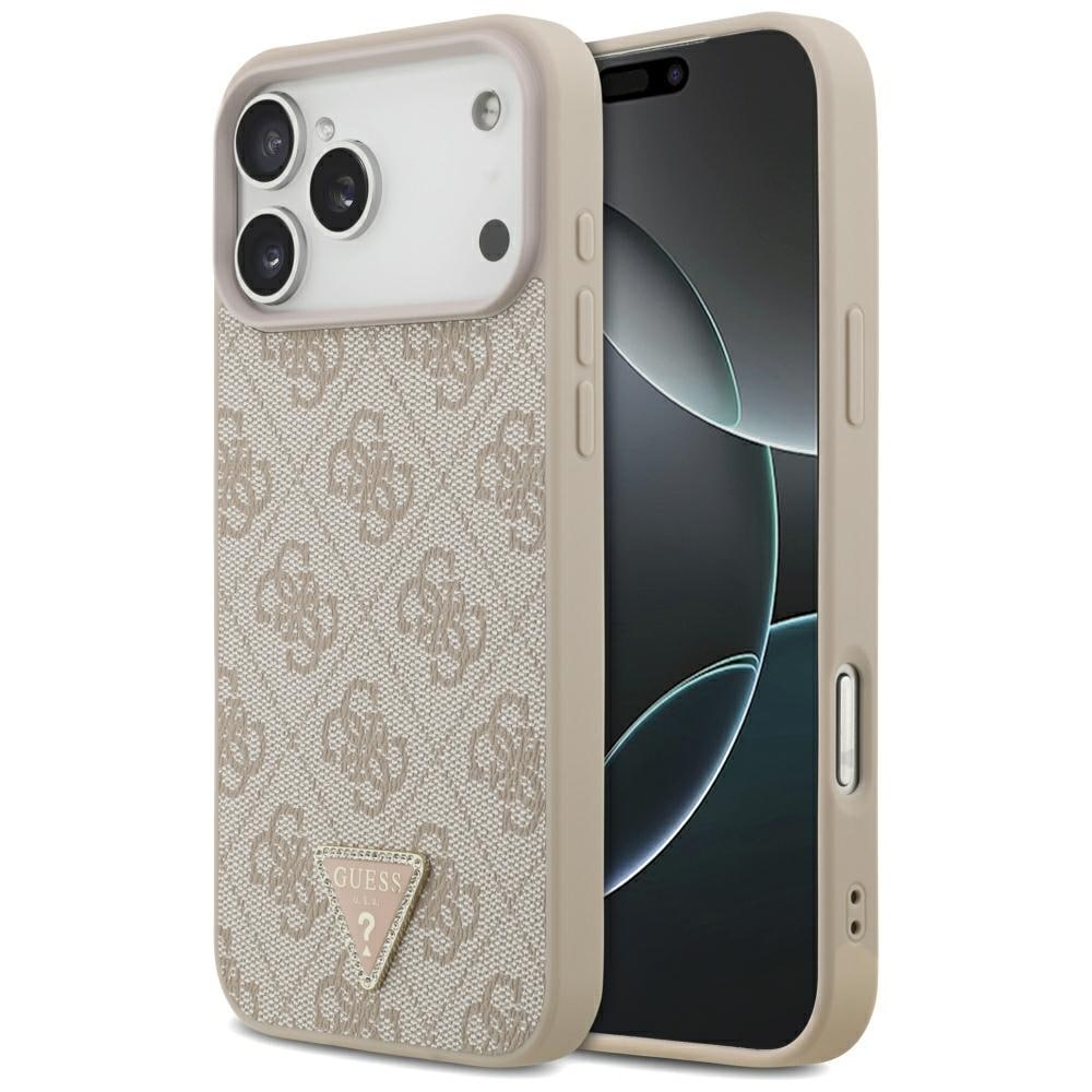 Guess Leather 4G Triangle Strass MagSafe-fodral för iPhone 17 Pro Max / 18 Pro Max – Rosa