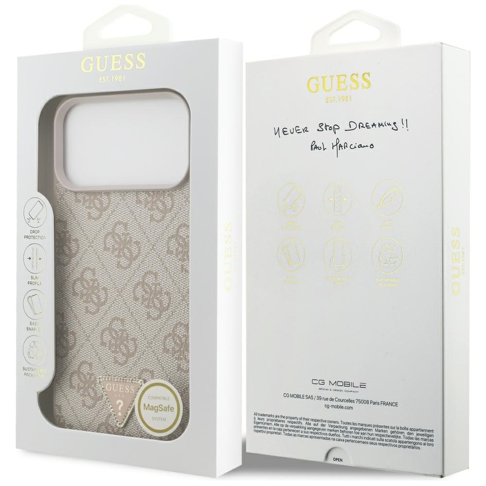 Guess Leather 4G Triangle Strass MagSafe-etui til iPhone 17 Pro Max / 18 Pro Max – lyserød
