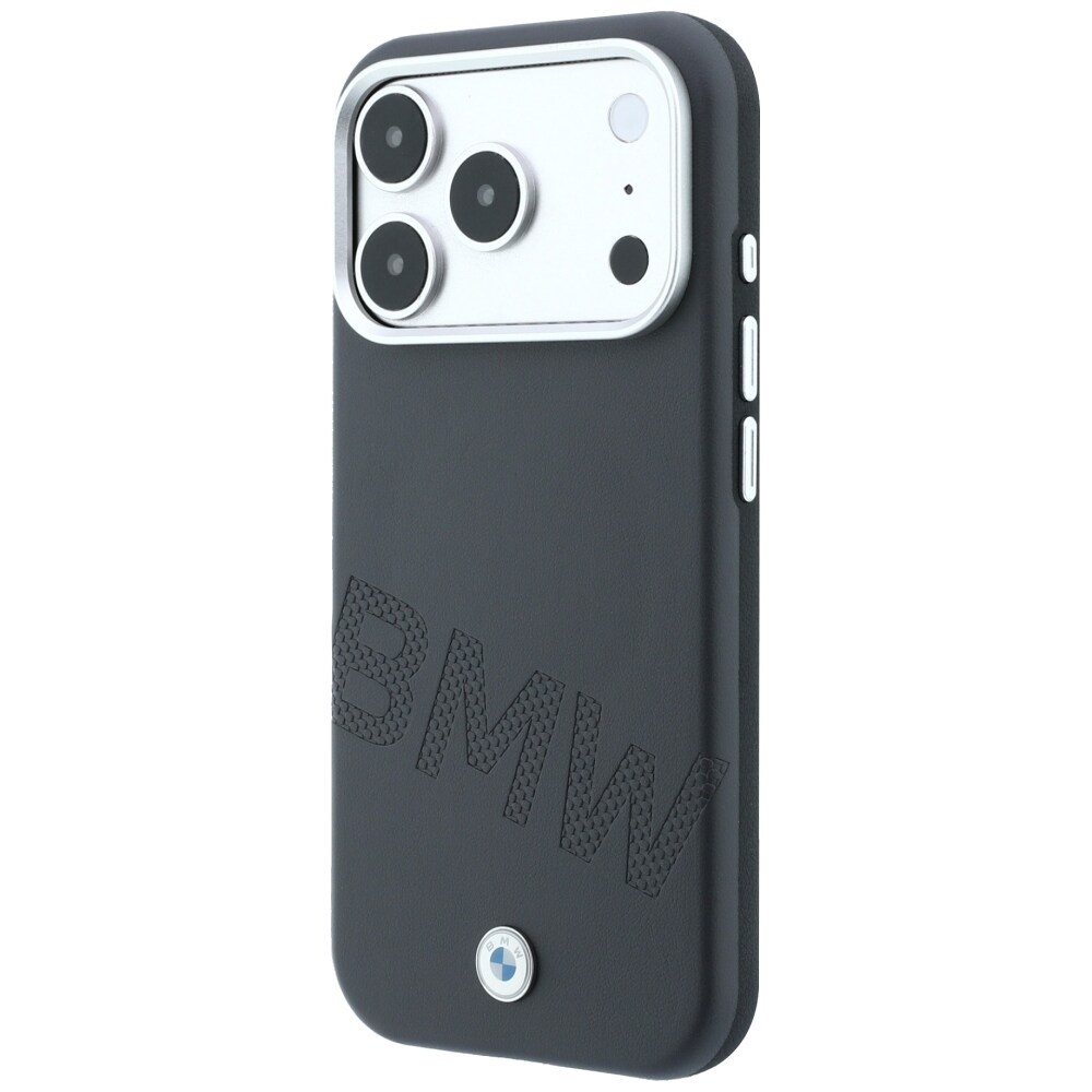 BMW-logo med skråtstillede, indprægede bogstaver – MagSafe-etui til iPhone 17 Pro / 18 Pro – Grå