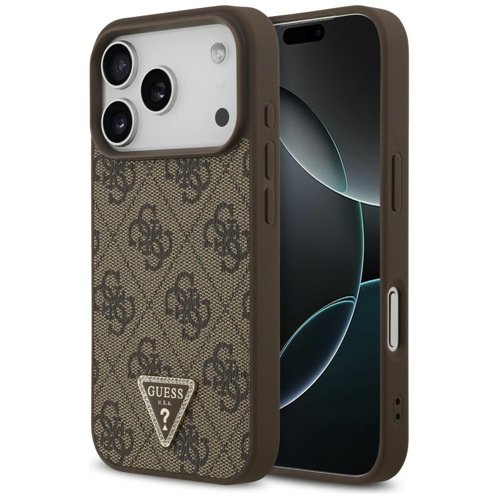 Guess Leather 4G Triangle Strass MagSafe-fodral för iPhone 18 Pro / 17 Pro – Brunt