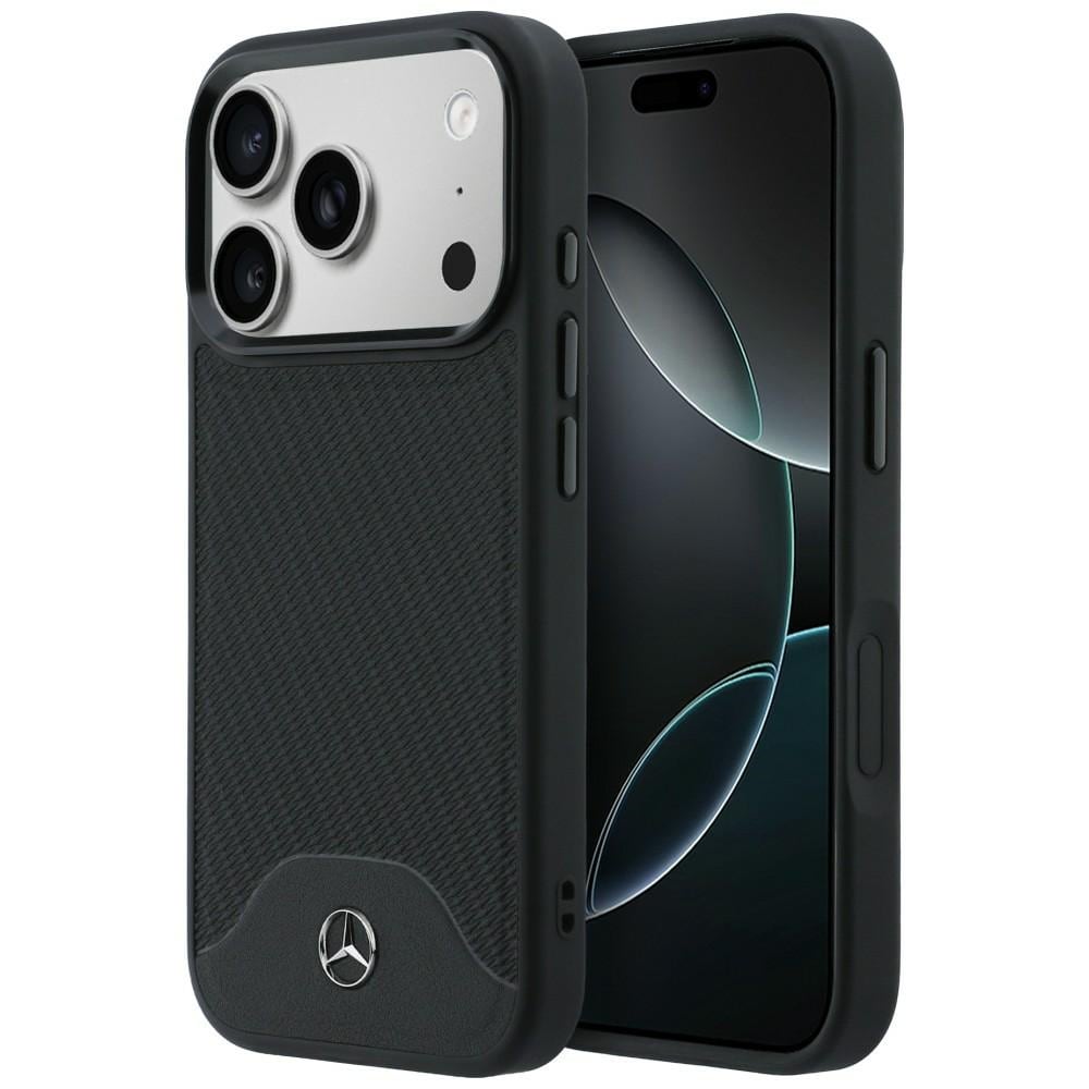 Mercedes-fodral i läder med träeffekt och Curve MagSafe för iPhone 17 Pro – svart