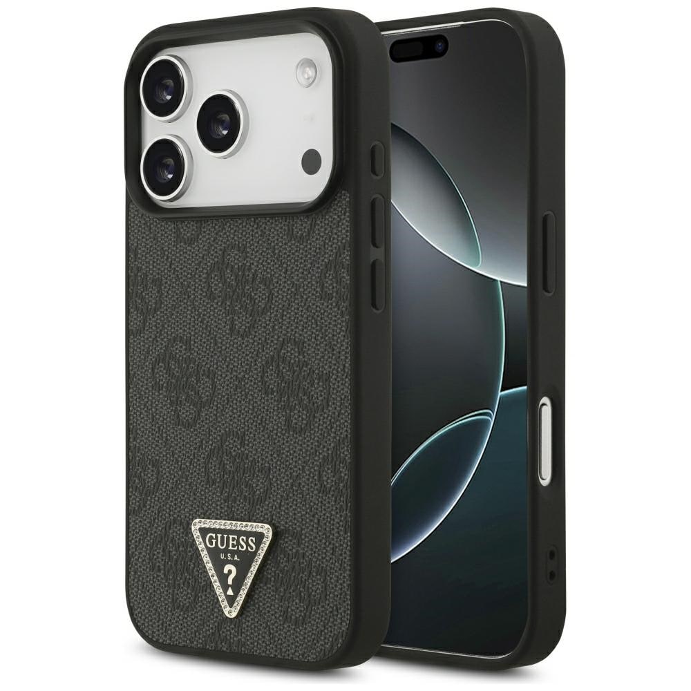 Guess Leather 4G Triangle Strass MagSafe-etui til iPhone 18 Pro / 17 Pro – Sort