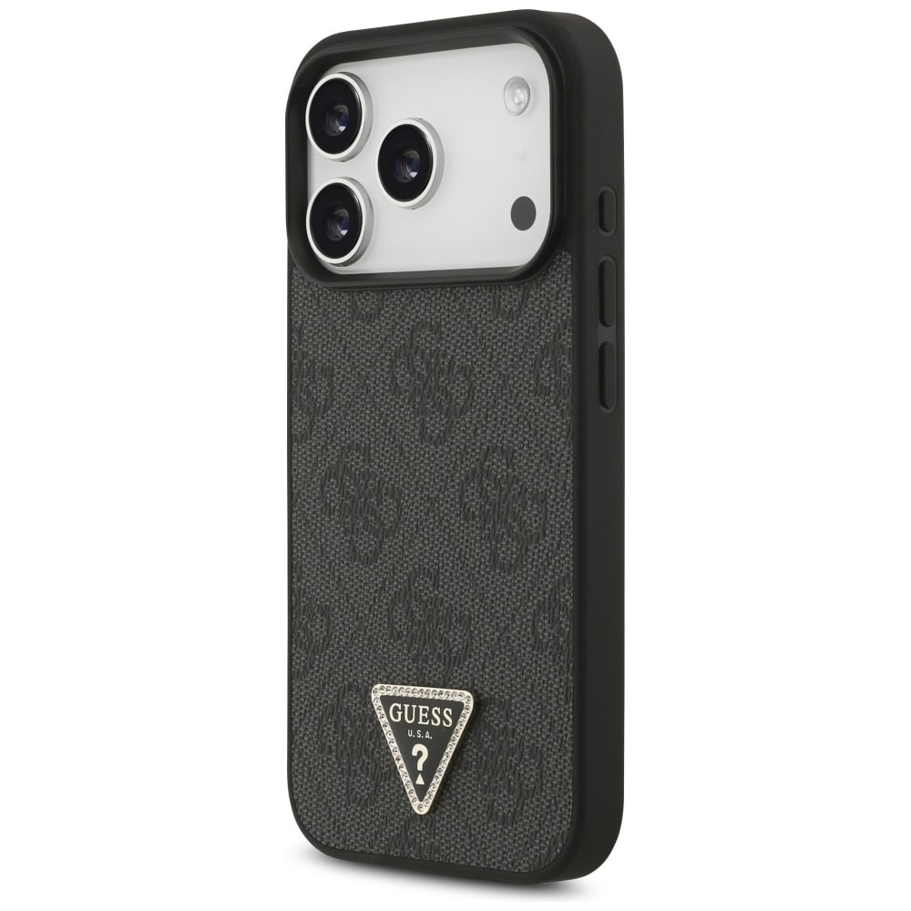 Guess Leather 4G Triangle Strass MagSafe-etui til iPhone 18 Pro / 17 Pro – Sort