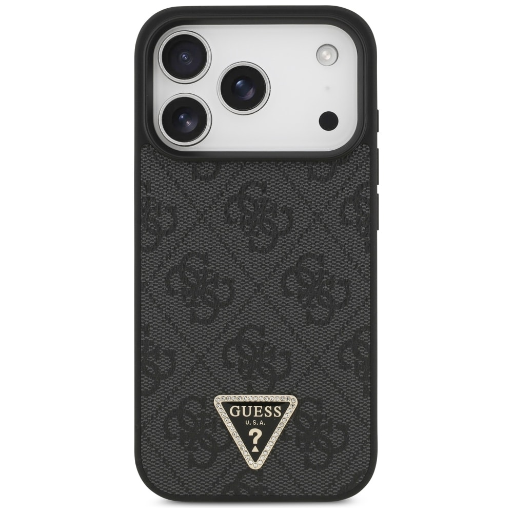 Guess Leather 4G Triangle Strass MagSafe-etui til iPhone 18 Pro / 17 Pro – Sort