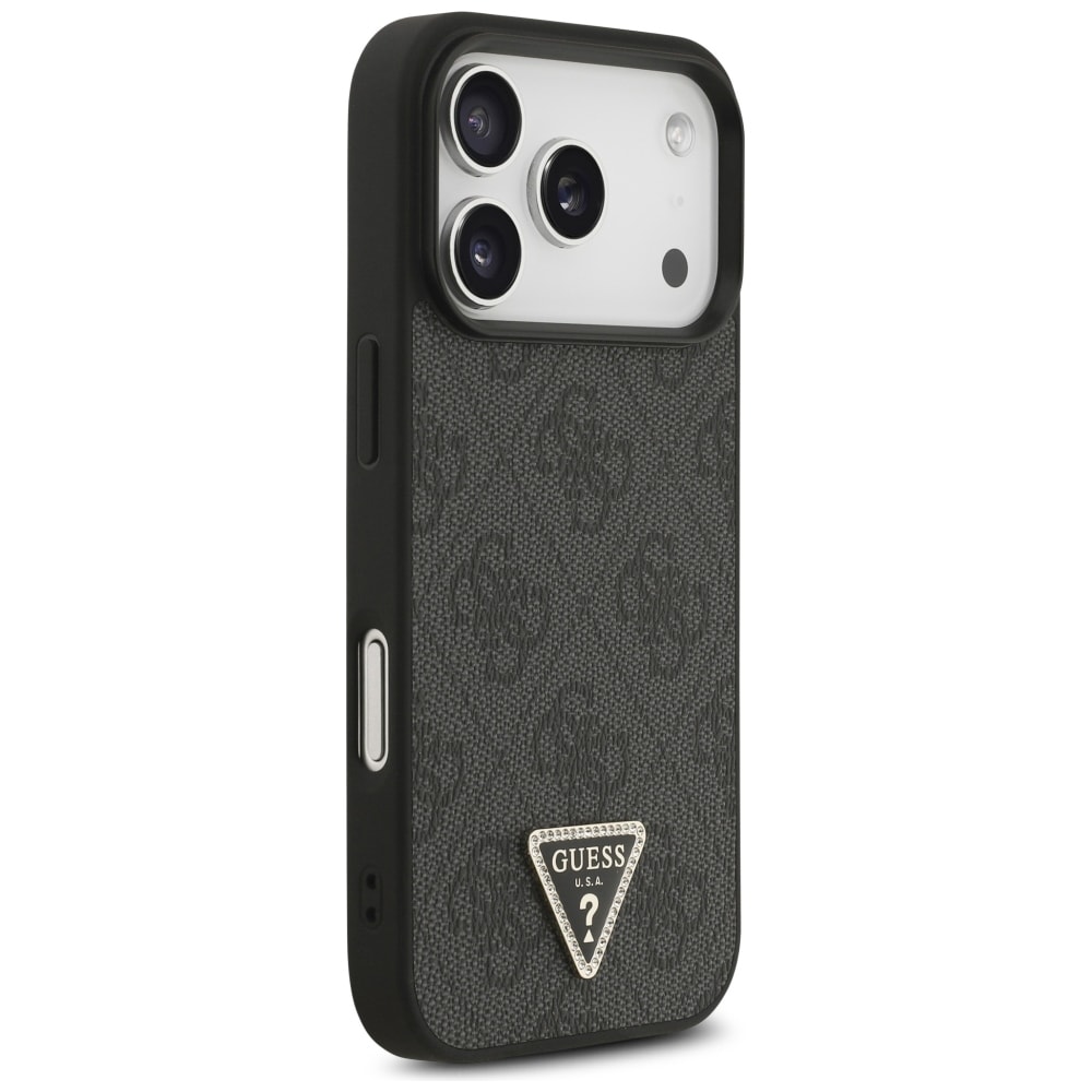 Guess Leather 4G Triangle Strass MagSafe-etui til iPhone 18 Pro / 17 Pro – Sort