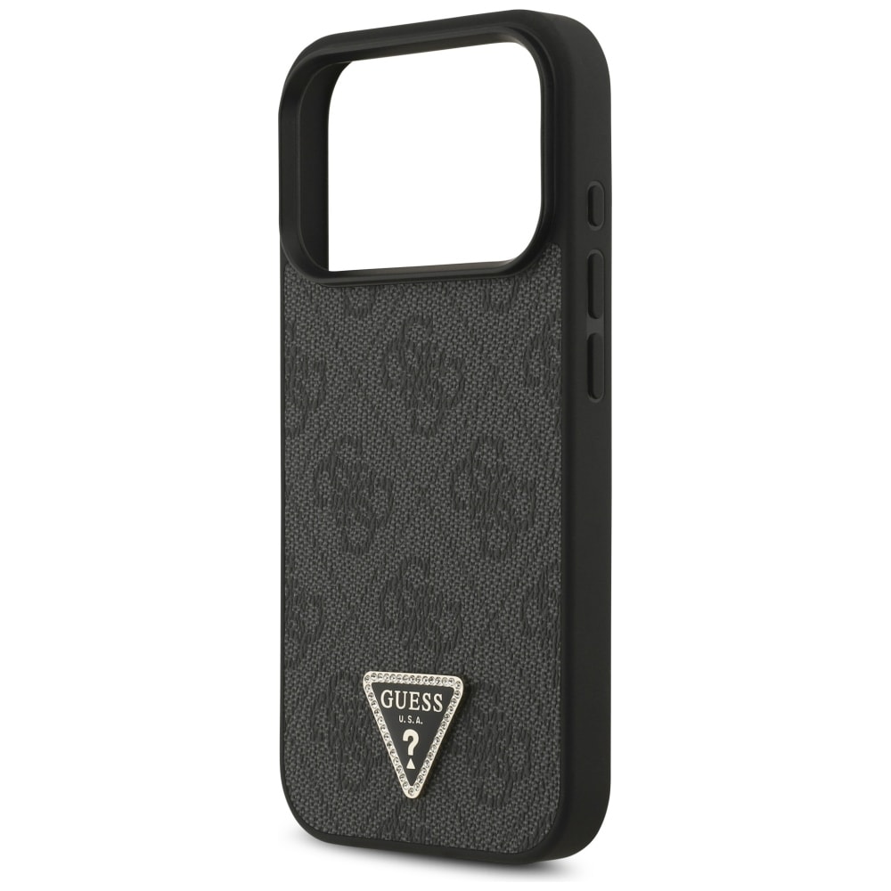 Guess Leather 4G Triangle Strass MagSafe-etui til iPhone 18 Pro / 17 Pro – Sort