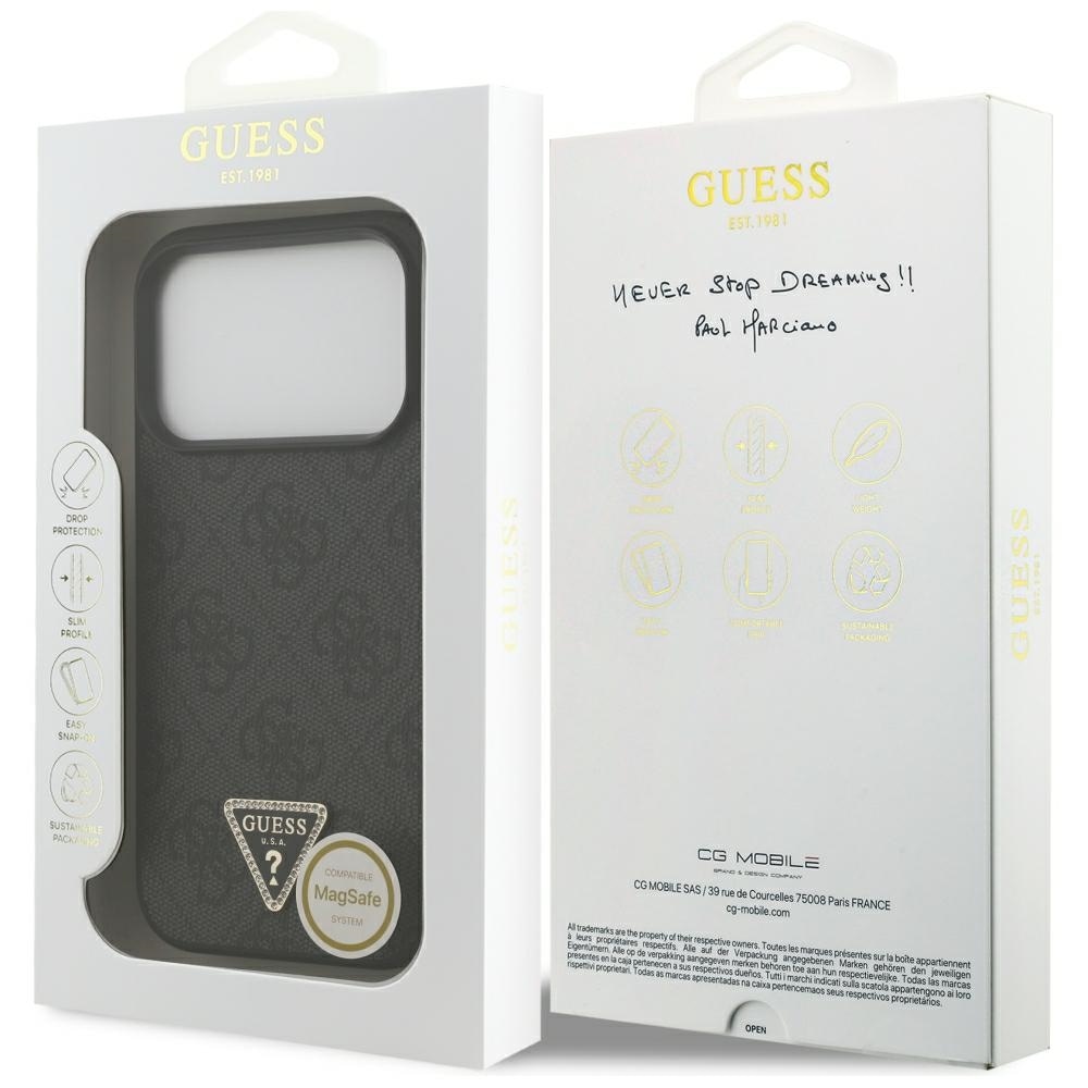Guess Leather 4G Triangle Strass MagSafe-etui til iPhone 18 Pro / 17 Pro – Sort