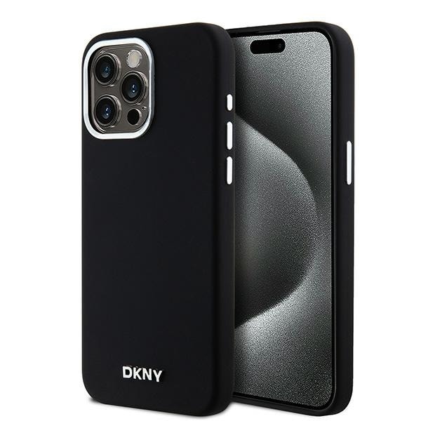 DKNY MagSafe-fodral i flytande silikon med liten metalllogotyp för iPhone 14 Pro Max – Svart