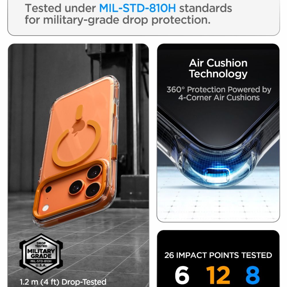 Spigen Ultra Hybrid Optik S MagSafe-etui til iPhone 18 Pro Max / 17 Pro Max – gennemsigtig orange