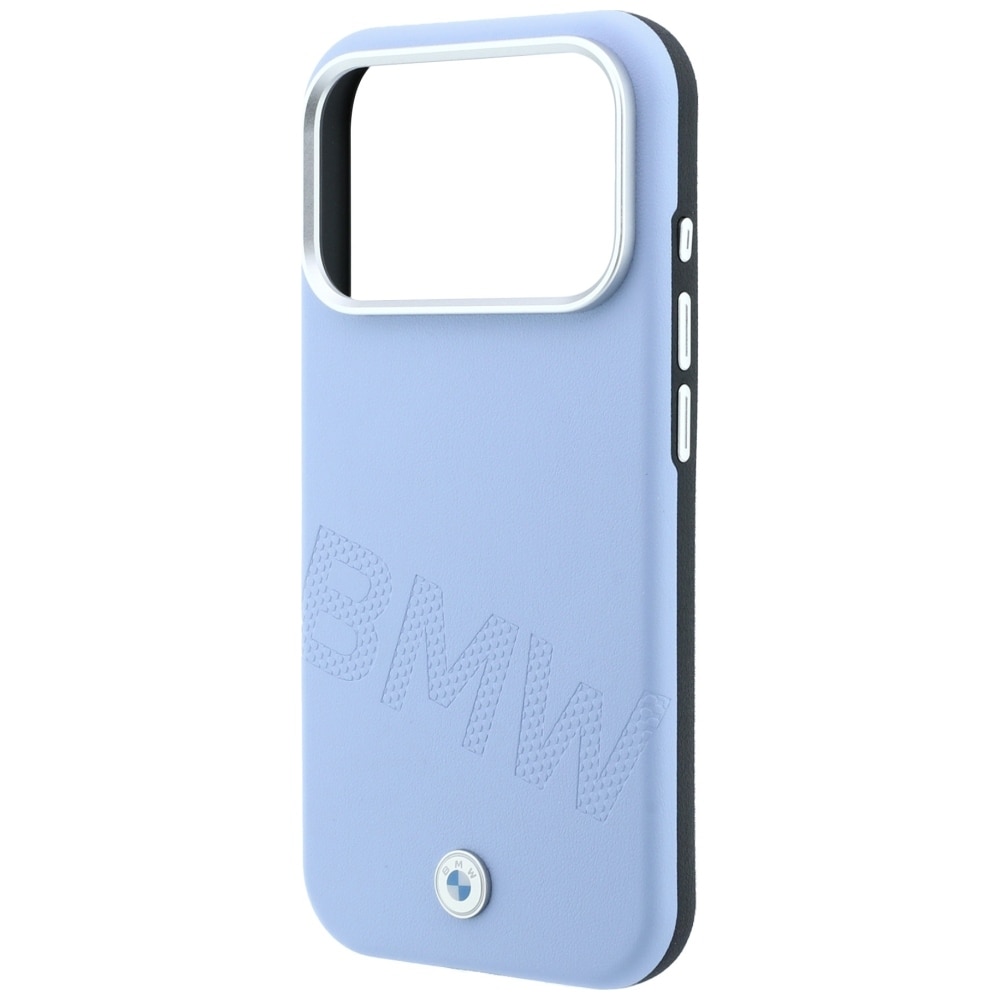 BMW-logo med skråtstillede, præget bogstaver – MagSafe-etui til iPhone 17 Pro / 18 Pro – Blå