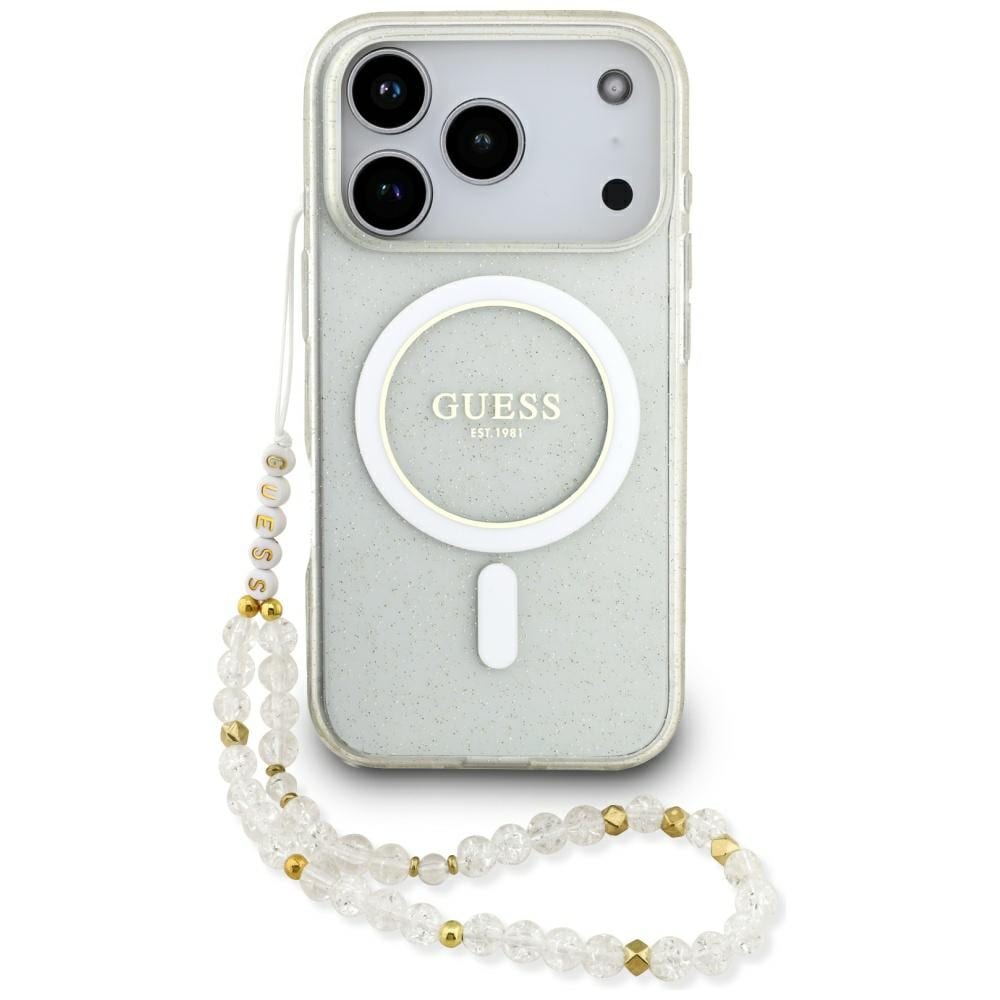 Guess IML-fodral med glitter- & pärlemorsrem + MagSafe för iPhone 17 Pro – genomskinligt