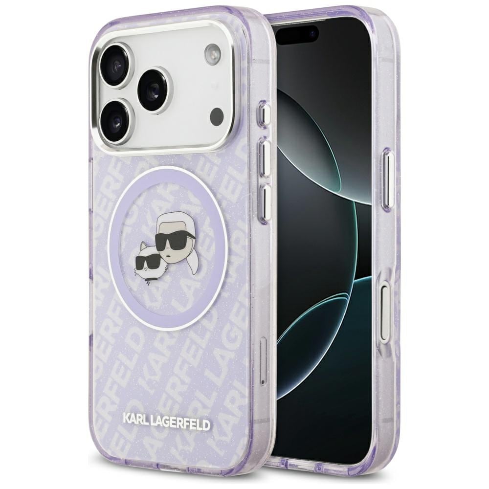 Karl Lagerfeld IML-glitterfodral, Karl & Choupette-huvuden & logotyp, MagSafe, iPhone 17 Pro – Lila