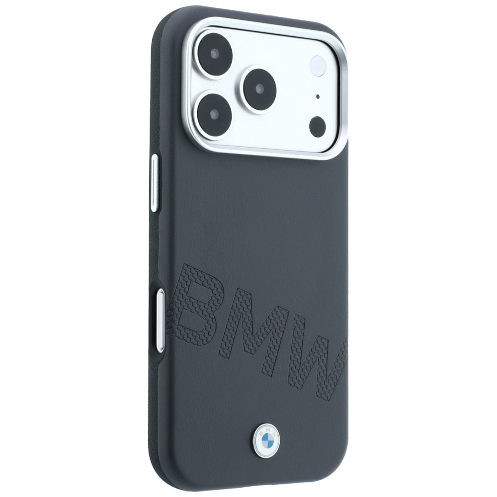 BMW-logo med skråtstillede, præget bogstaver – MagSafe-etui til iPhone 17 Pro Max / 18 Pro Max – Grå