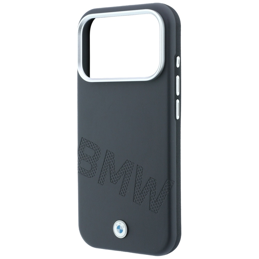 BMW-logo med skråtstillede, præget bogstaver – MagSafe-etui til iPhone 17 Pro Max / 18 Pro Max – Grå