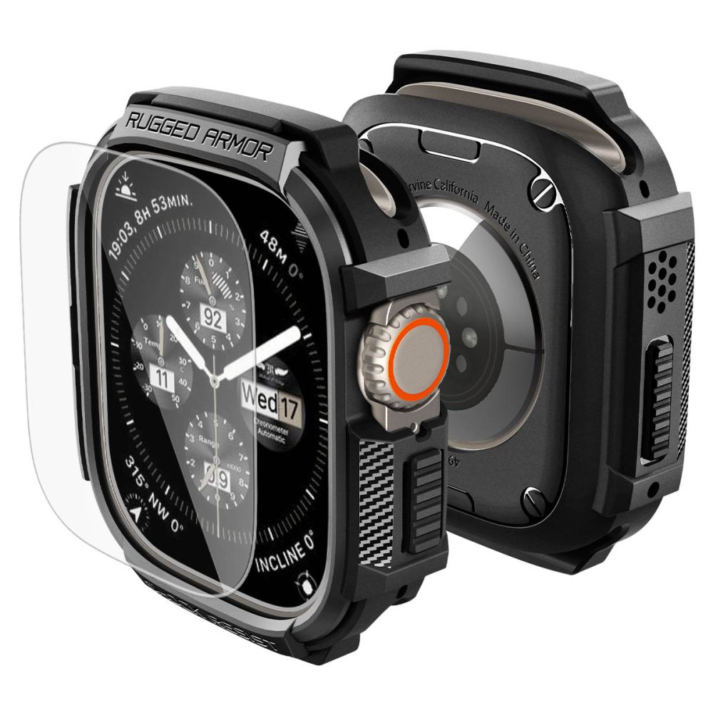 Spigen Rugged Armor-fodral + härdat glas 9H för Apple Watch Ultra 49 mm – matt svart