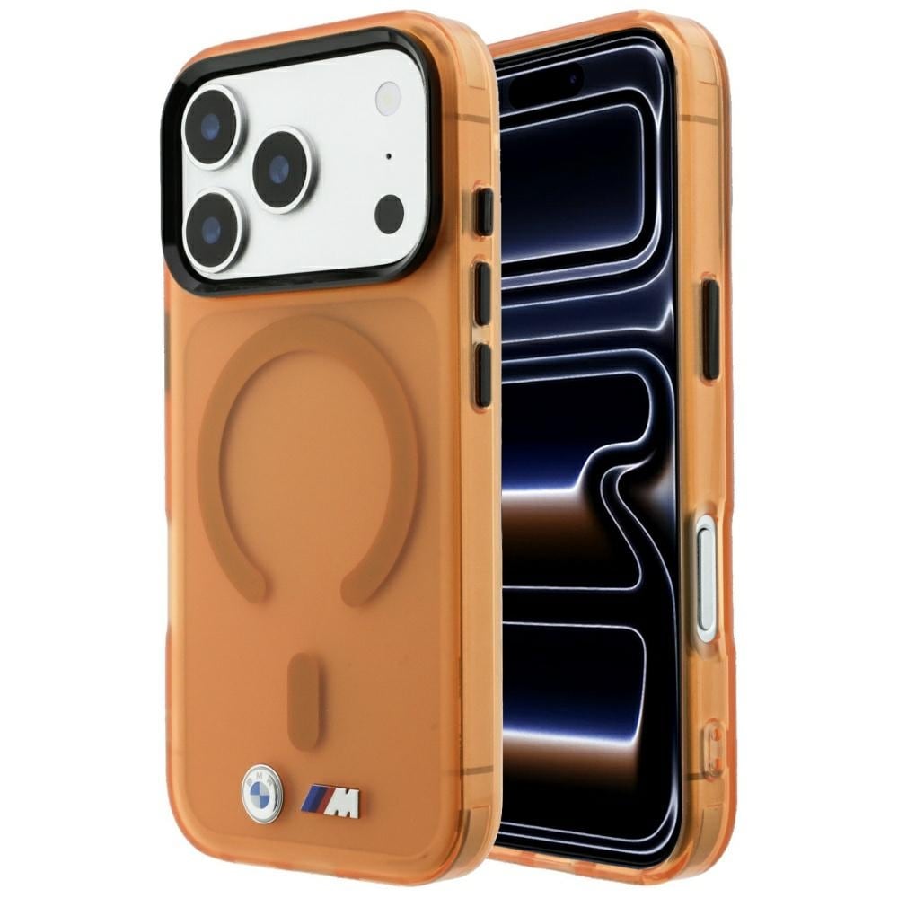 BMW M IML-fodral med frostad metalllogotyp, detaljer & MagSafe för iPhone 17 Pro/18 Pro – Orange