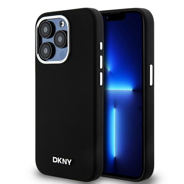 DKNY MagSafe-fodral i flytande silikon med liten metalllogotyp för iPhone 15 Pro – Svart