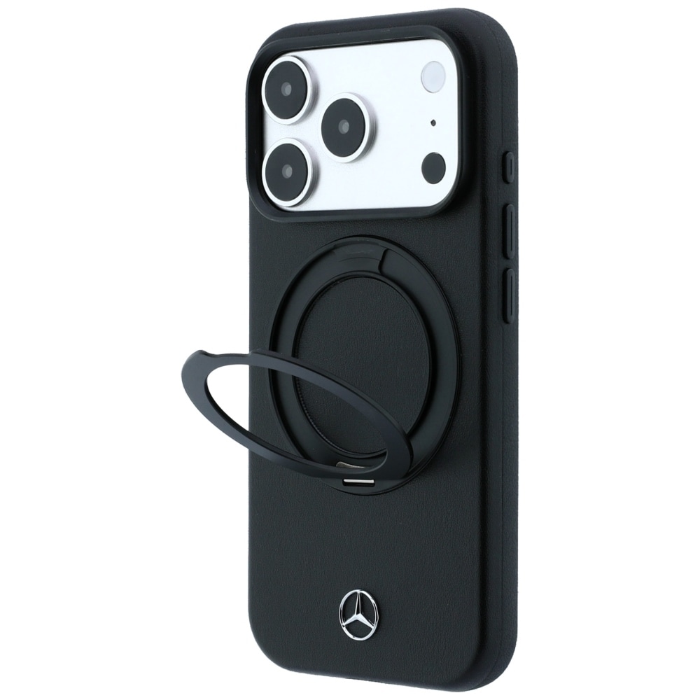 Mercedes læderetui med ringstativ og MagSafe til iPhone 18 Pro / 17 Pro – Sort