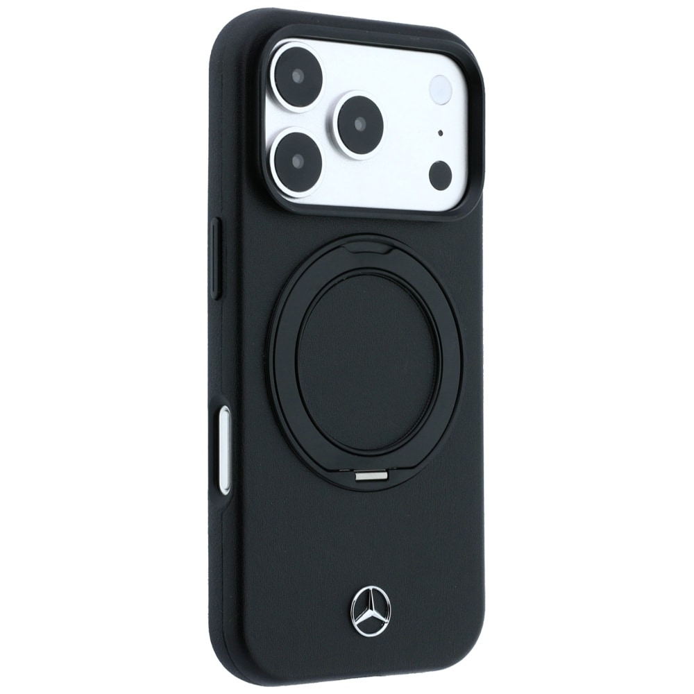 Mercedes læderetui med ringstativ og MagSafe til iPhone 18 Pro / 17 Pro – Sort
