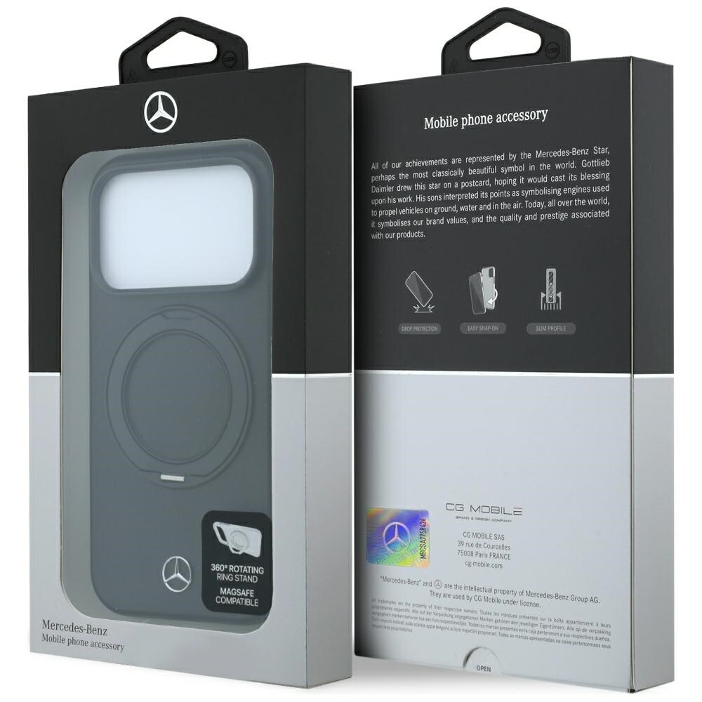 Mercedes læderetui med ringstativ og MagSafe til iPhone 18 Pro / 17 Pro – Sort