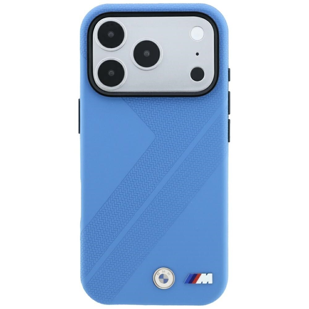 BMW M-dæk med banemotiv og metal-logo – MagSafe-etui til iPhone 18 Pro Max / 17 Pro Max – Blå