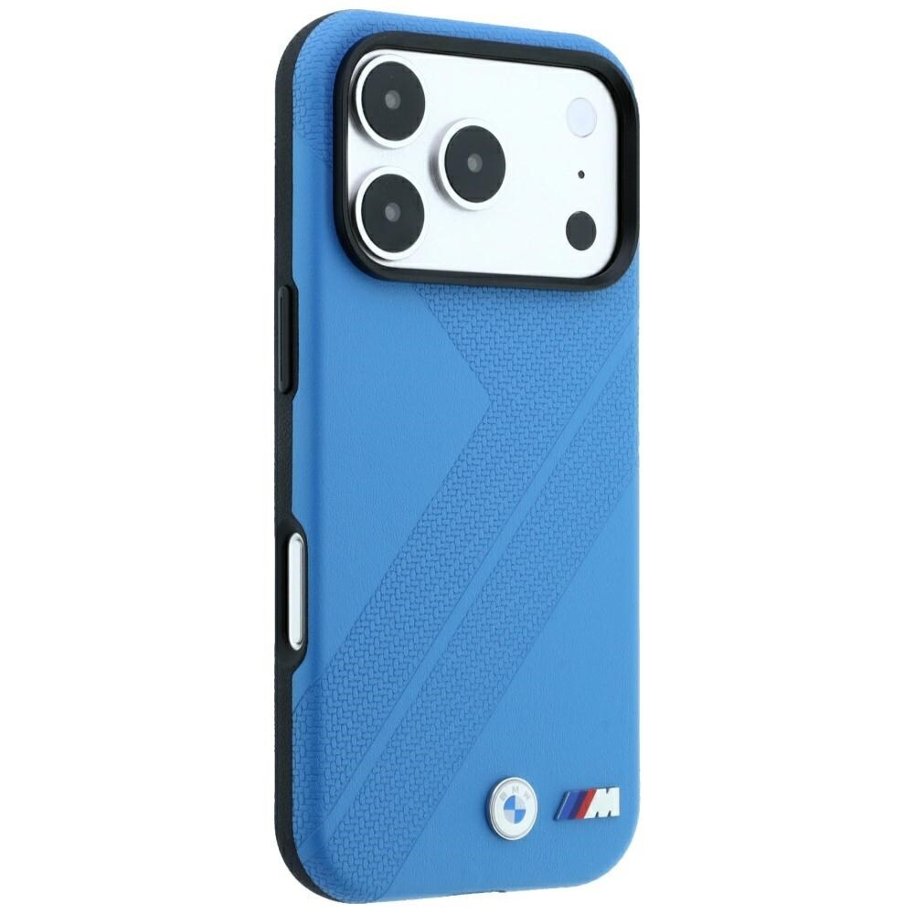 BMW M-dæk med banemotiv og metal-logo – MagSafe-etui til iPhone 18 Pro Max / 17 Pro Max – Blå