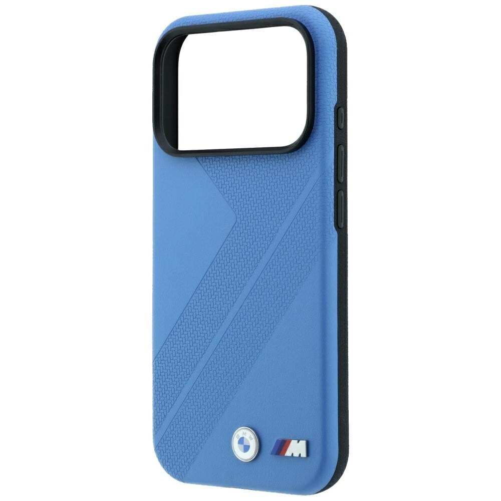 BMW M-dæk med banemotiv og metal-logo – MagSafe-etui til iPhone 18 Pro Max / 17 Pro Max – Blå