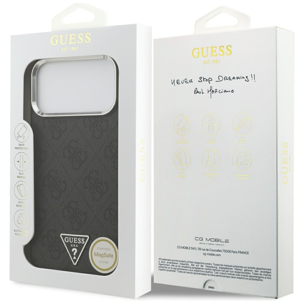 Guess 4G Triangle Logo MagSafe-etui til iPhone 17 Pro Max / 18 Pro Max – Sort og sølv