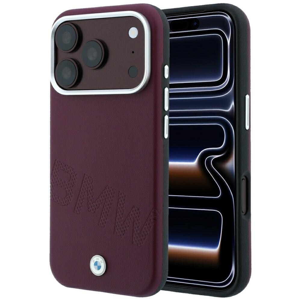BMW-logotyp med snedställda, präglade bokstäver – MagSafe-fodral för iPhone 17/18 Pro Max – vinröd