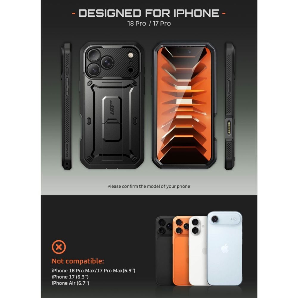 Supcase Unicorn Beetle Pro-etui til iPhone 18 Pro / 17 Pro – Sort