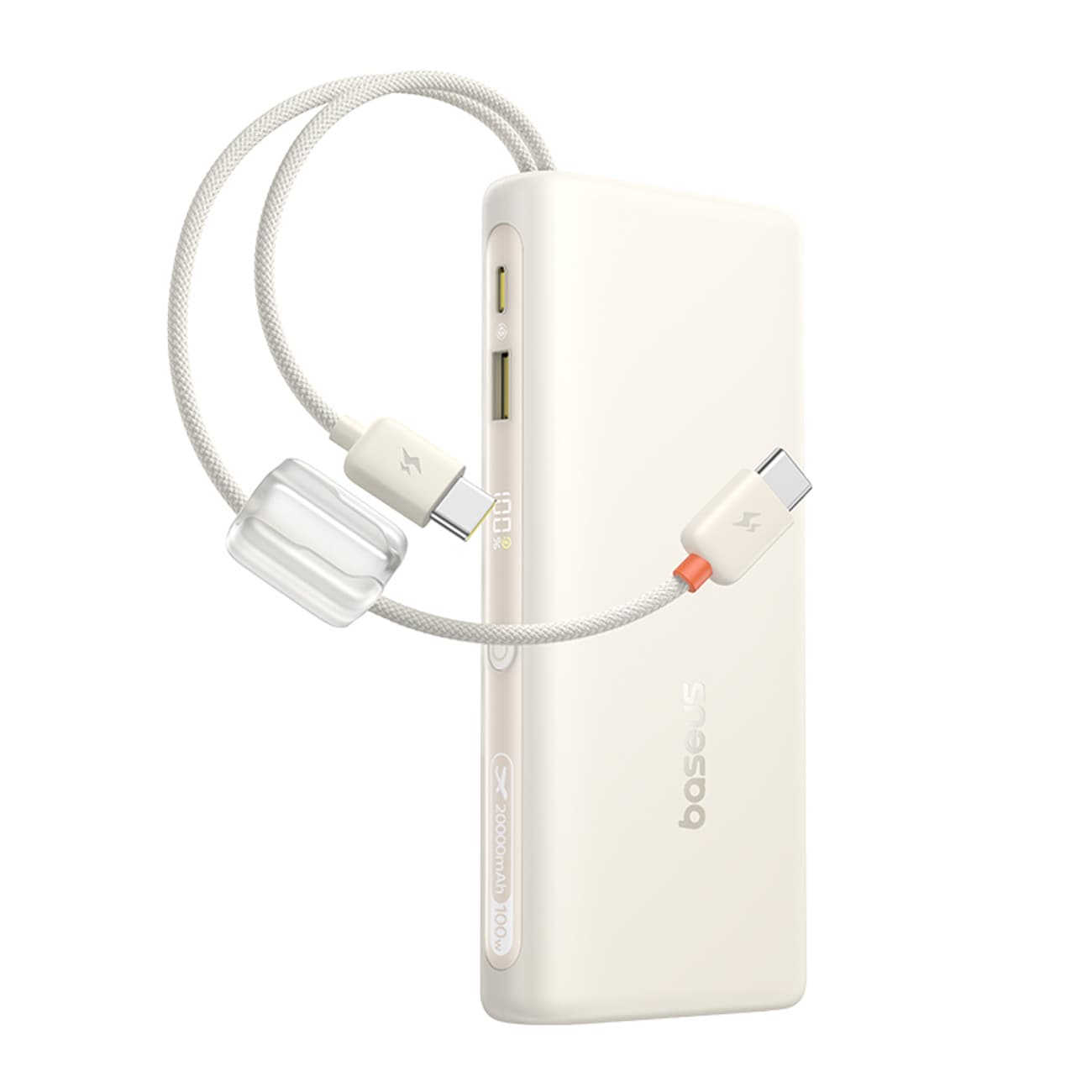 Baseus EnerFill FC41 20 000 mAh 100 W powerbank med display och 2 inbyggda USB-C-kablar – beige