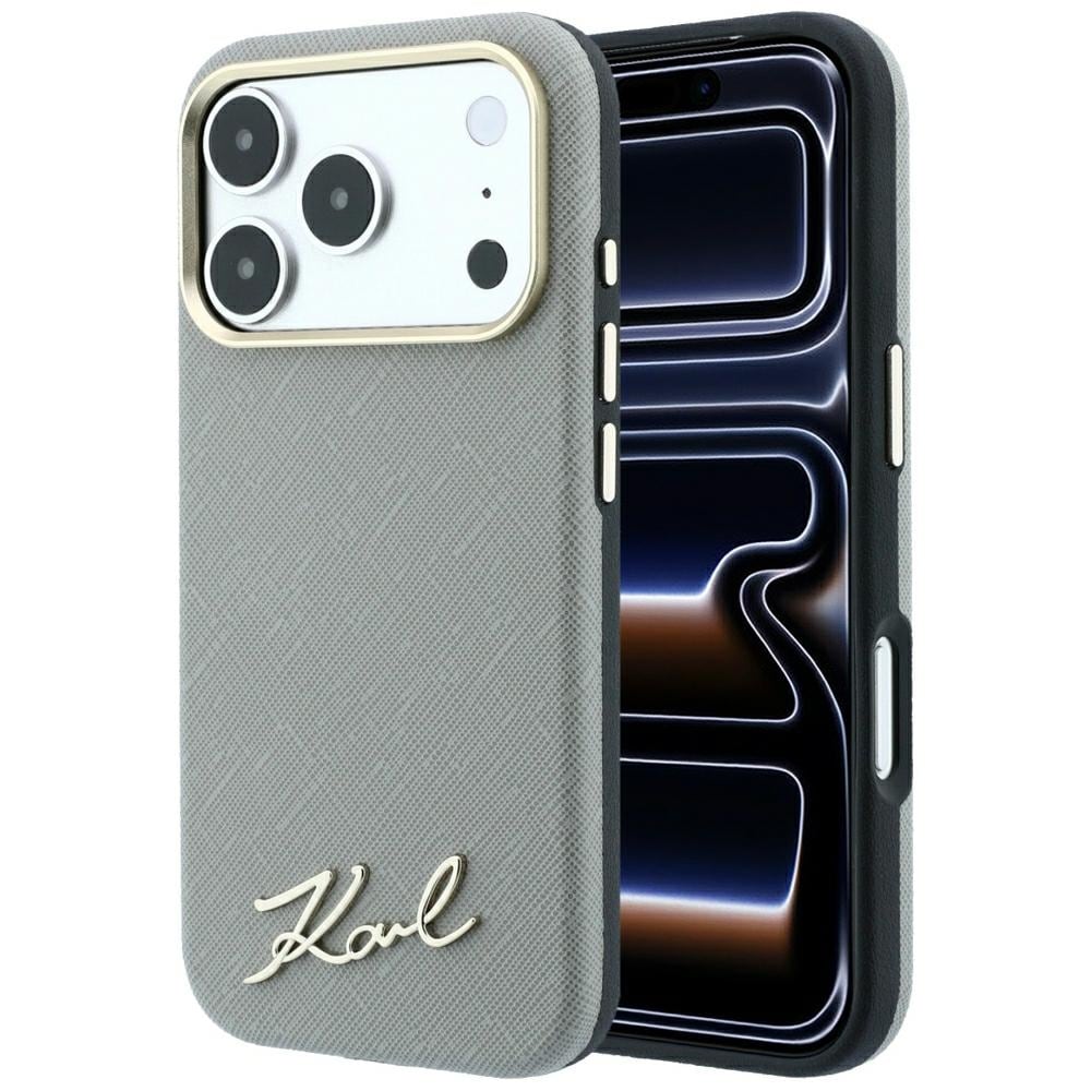 Karl Lagerfeld Saffiano Small Script Metal Logo MagSafe-etui til iPhone 18 Pro / 17 Pro – beige