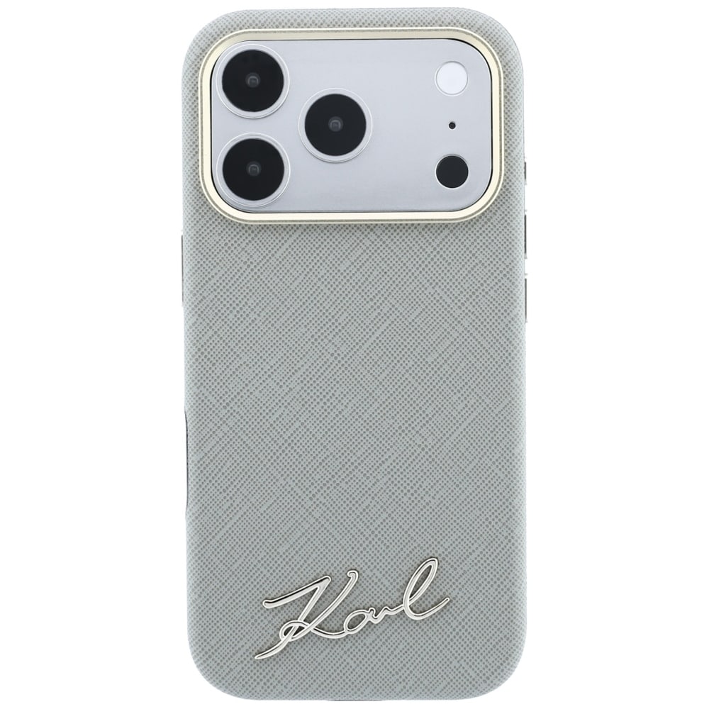 Karl Lagerfeld Saffiano Small Script Metal Logo MagSafe-etui til iPhone 18 Pro / 17 Pro – beige