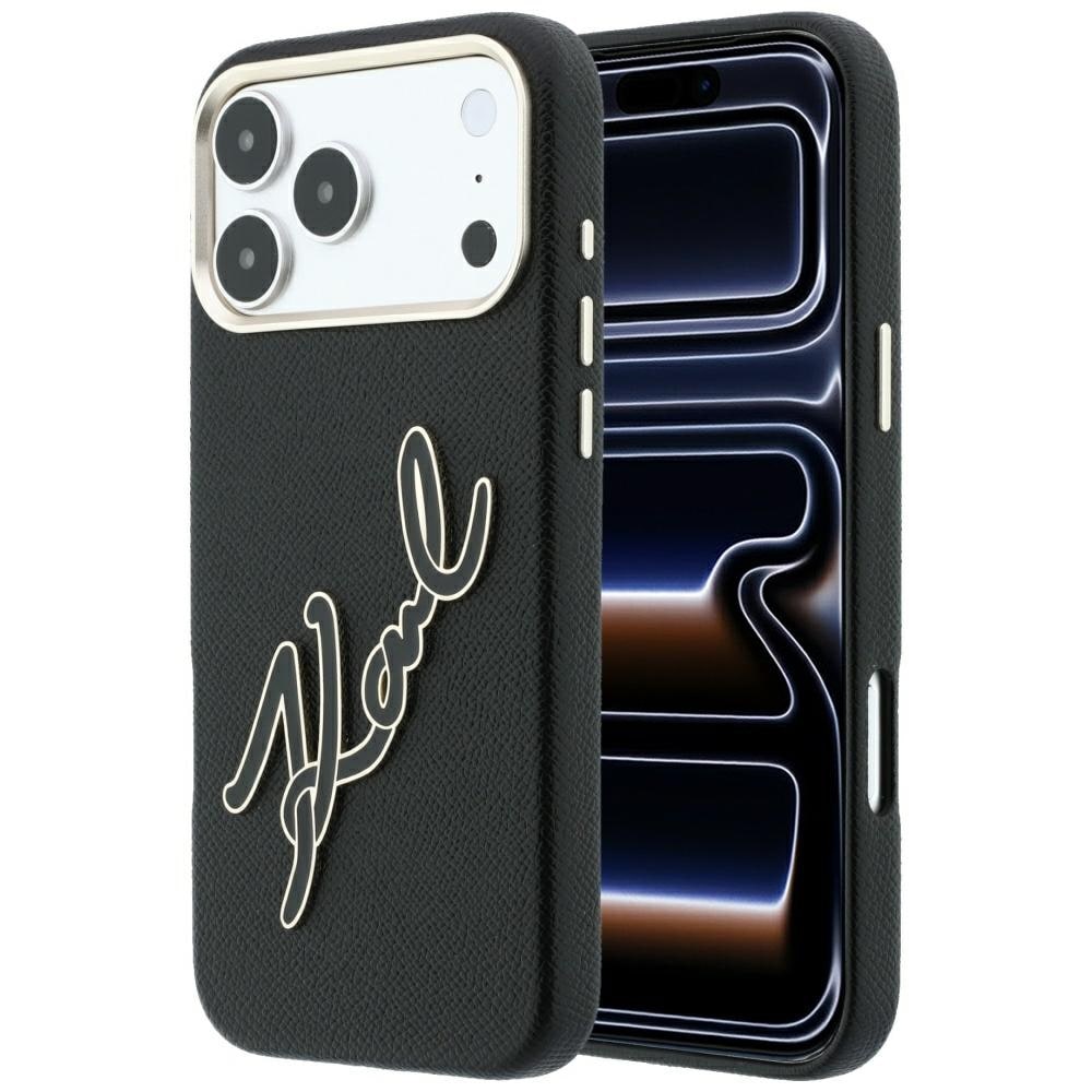 Karl Lagerfeld glat, stort etui med signaturlogo i harpiks til iPhone 18 Pro Max / 17 Pro Max – sort
