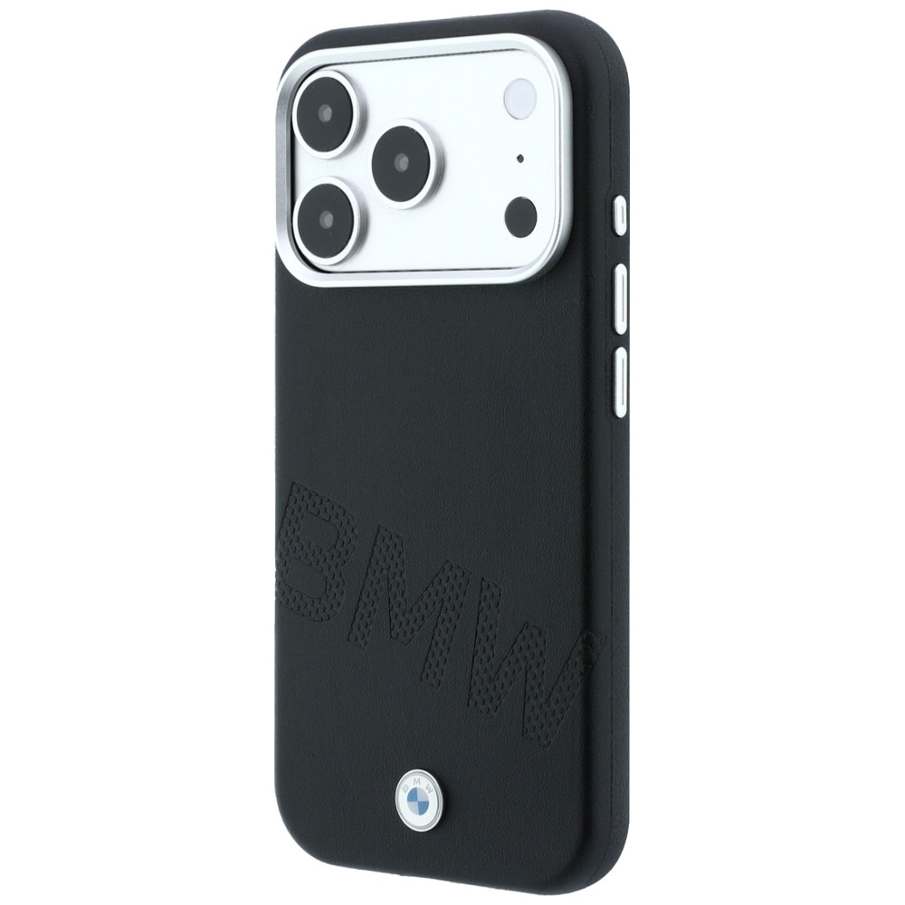 BMW-logo med skråtstillede, præget bogstaver – MagSafe-etui til iPhone 18/17 Pro Max – Sort