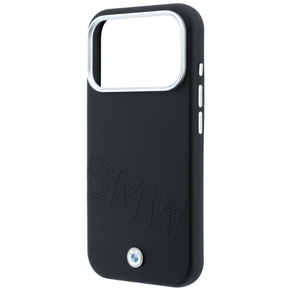 BMW-logo med skråtstillede, præget bogstaver – MagSafe-etui til iPhone 18/17 Pro Max – Sort