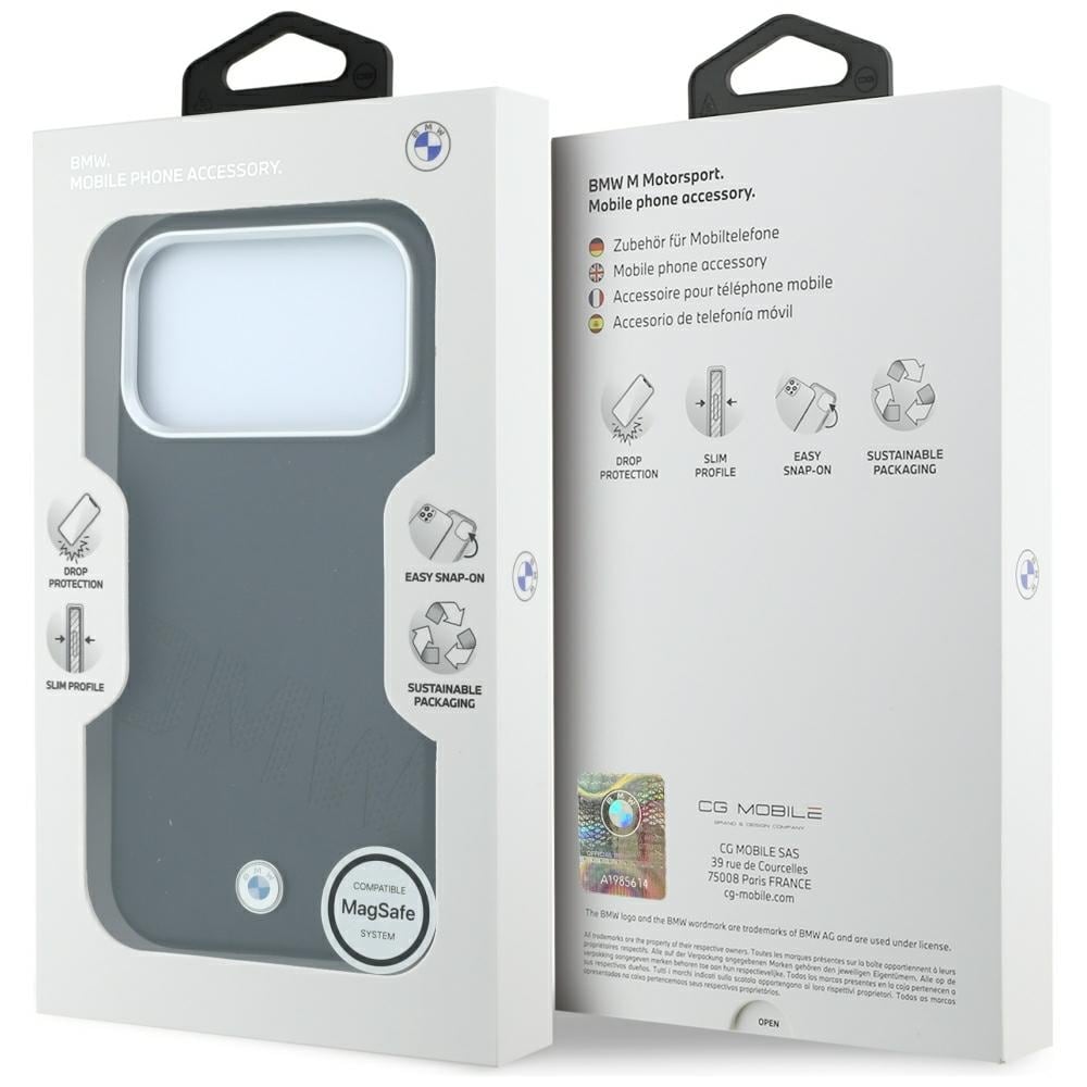 BMW-logo med skråtstillede, præget bogstaver – MagSafe-etui til iPhone 18/17 Pro Max – Sort