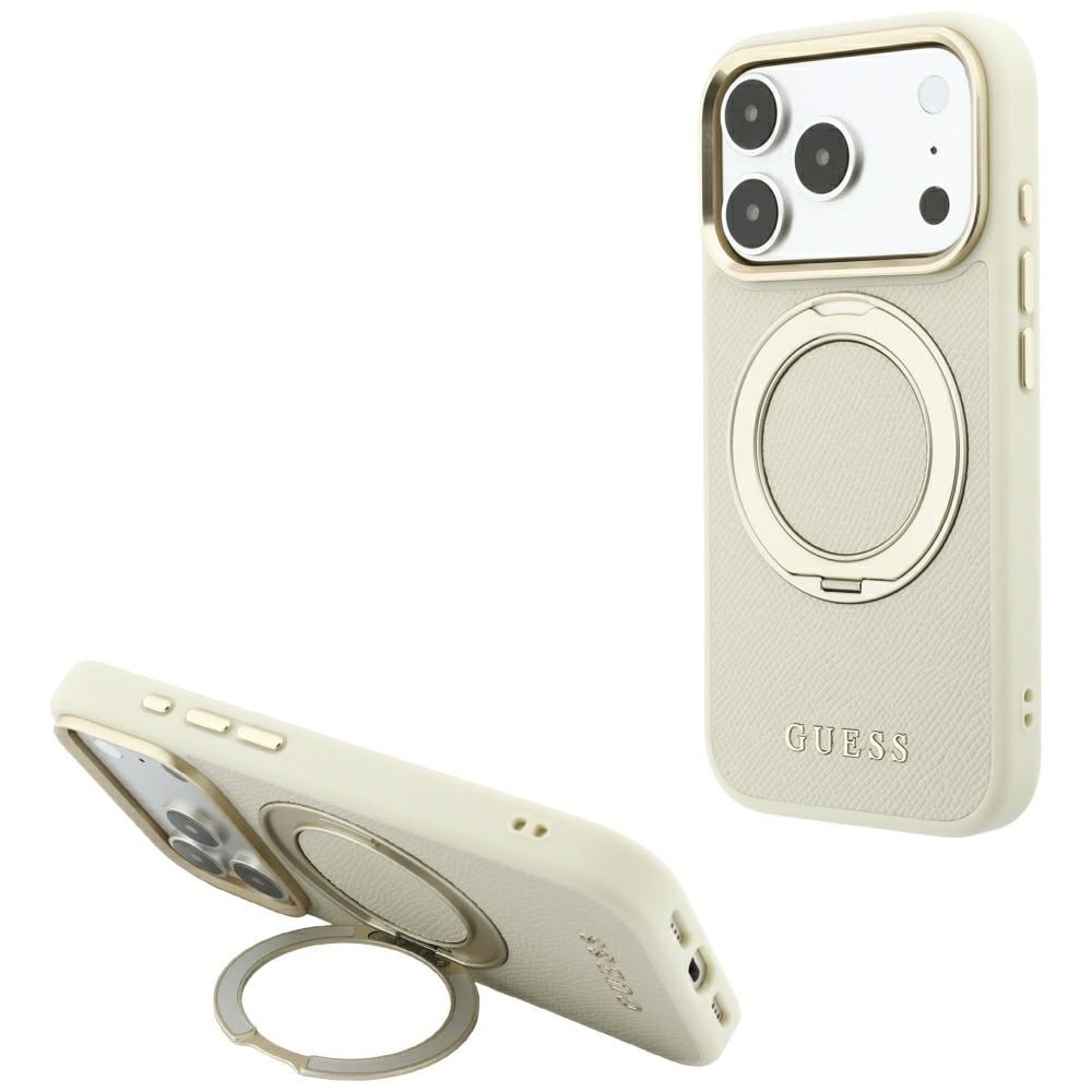 Guess Ring Stand 360 Grained Classic Logo MagSafe-etui til iPhone 18 Pro / 17 Pro – Beige