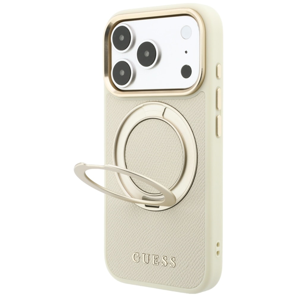 Guess Ring Stand 360 Grained Classic Logo MagSafe-etui til iPhone 18 Pro / 17 Pro – Beige