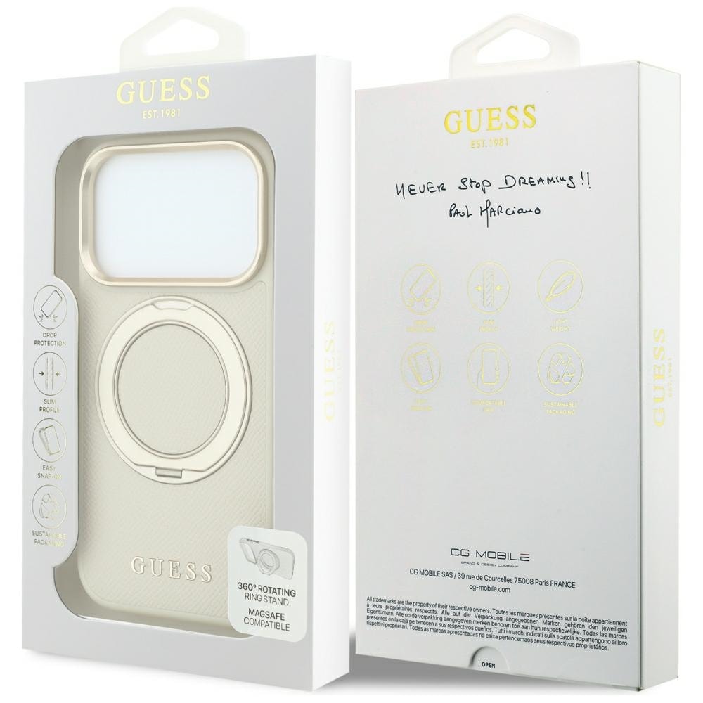 Guess Ring Stand 360 Grained Classic Logo MagSafe-etui til iPhone 18 Pro / 17 Pro – Beige
