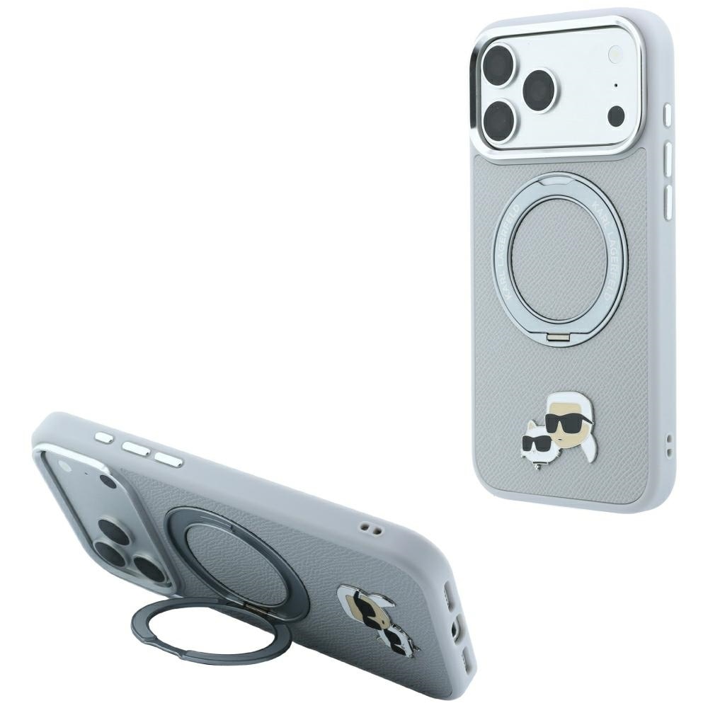 Karl Lagerfeld m/ringholder 360 Karl & Choupette-figurer MagSafe-etui iPhone 18 Pro/17 Pro – grå
