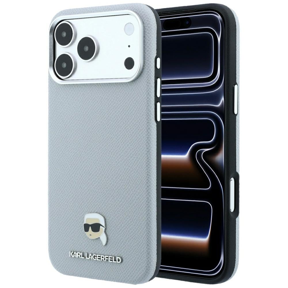 Karl Lagerfeld Grained Karl Head Metal MagSafe-etui til iPhone 18 Pro / 17 Pro – Grå