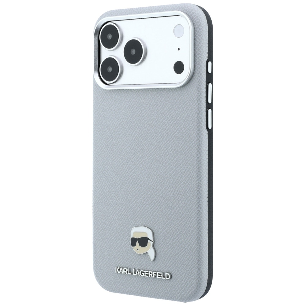 Karl Lagerfeld Grained Karl Head Metal MagSafe-etui til iPhone 18 Pro / 17 Pro – Grå