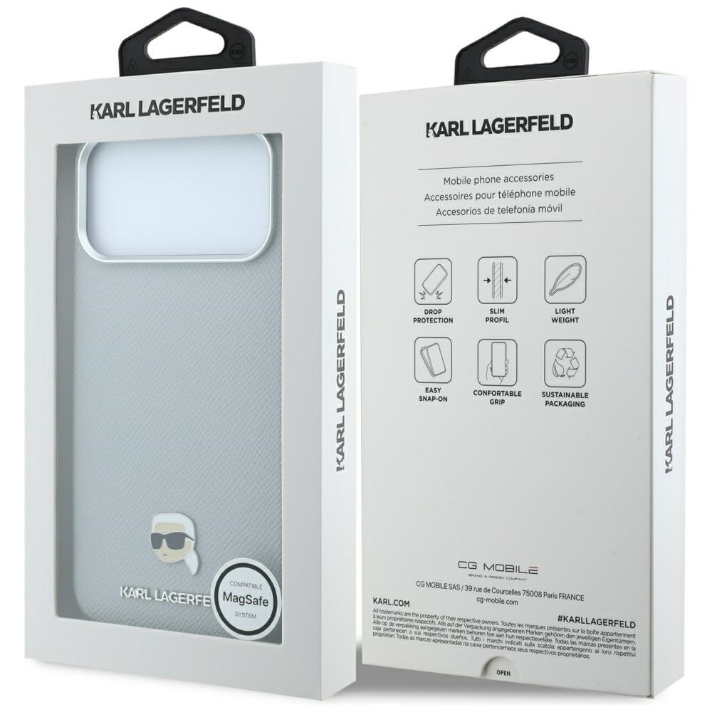 Karl Lagerfeld Grained Karl Head Metal MagSafe-etui til iPhone 18 Pro / 17 Pro – Grå